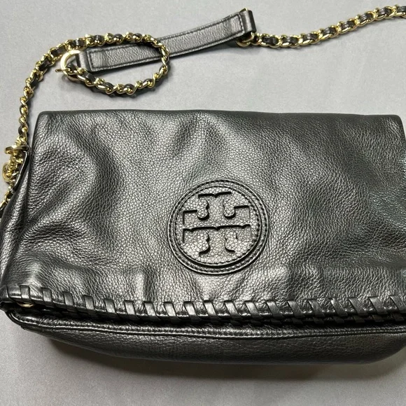 Tory Burch Marion Fold-Over Leather Crossbody – Black & Gold - Picture 3 of 10
